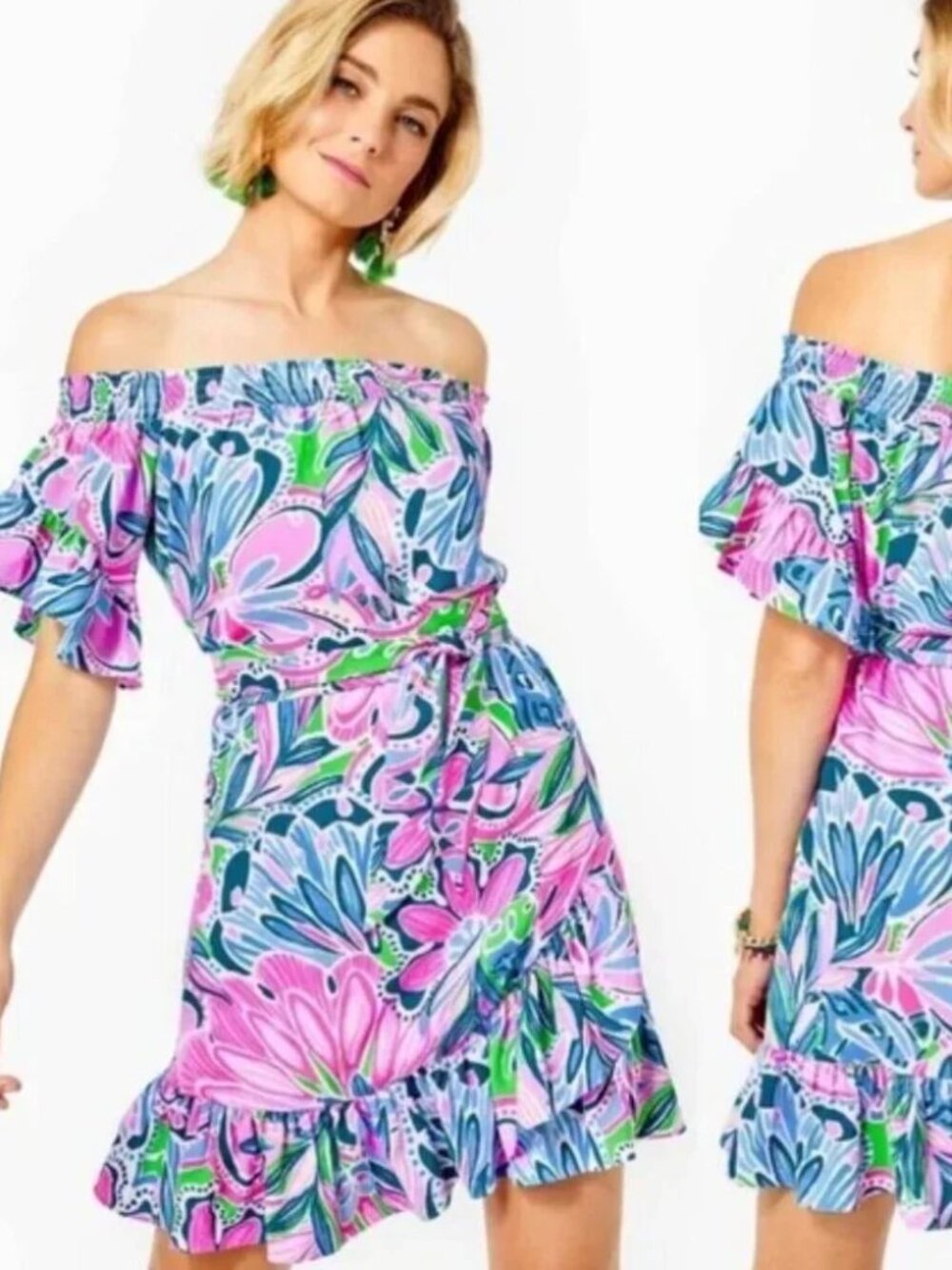 Lilly Pulitzer Vibrant Floral Tropical Off the shoulder Madelyn Dress, XL